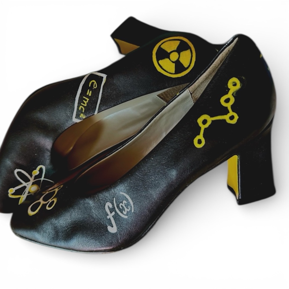 Hand Painted Black Pumps STEM Science Wearable Art Yellow Bottoms Block Heel 7.5